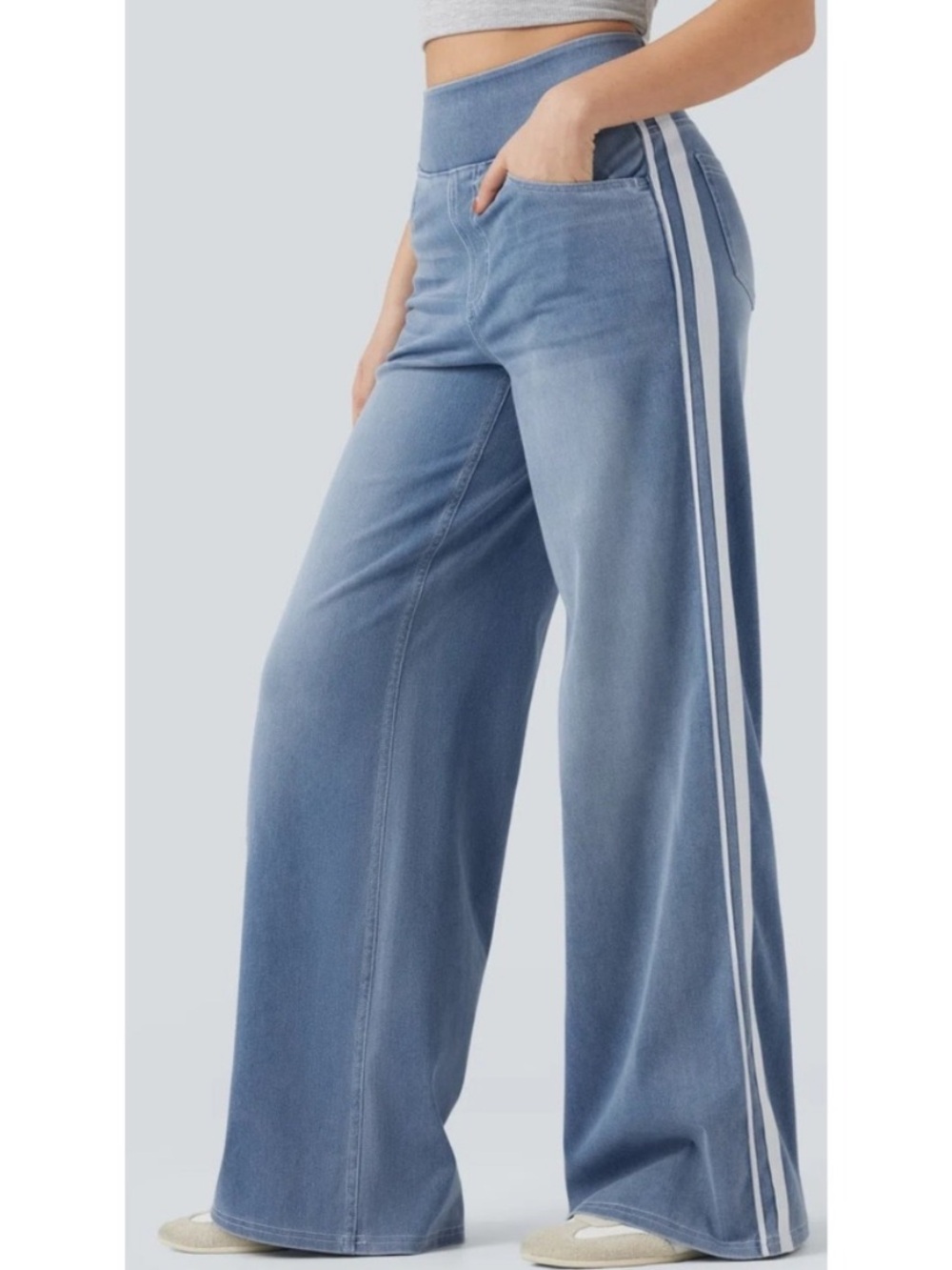 Halara Flex High Waisted Stripe Wide Leg Flowy Washed Casual Jeans Blue XS Tall